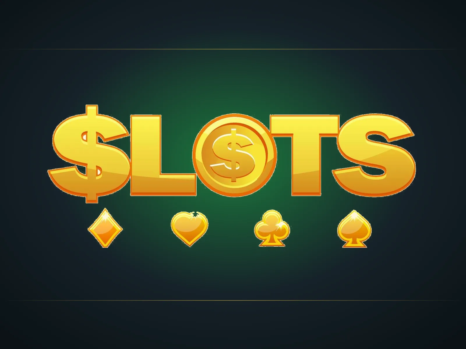 Gold SLOTS lettering above the four card suits on a dark green ground