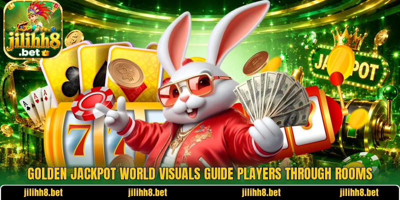 Golden Jackpot World visuals guide players through rooms